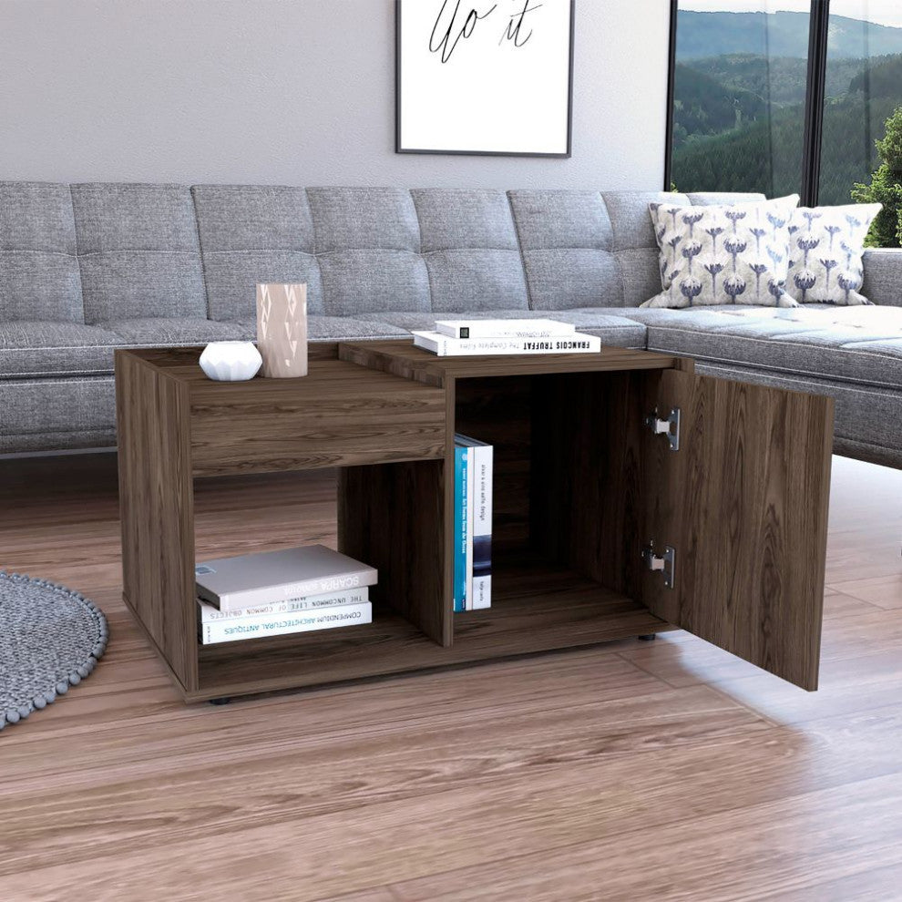 Velvet Coffee Table with Single-Door Cabinet, Dark Walnut