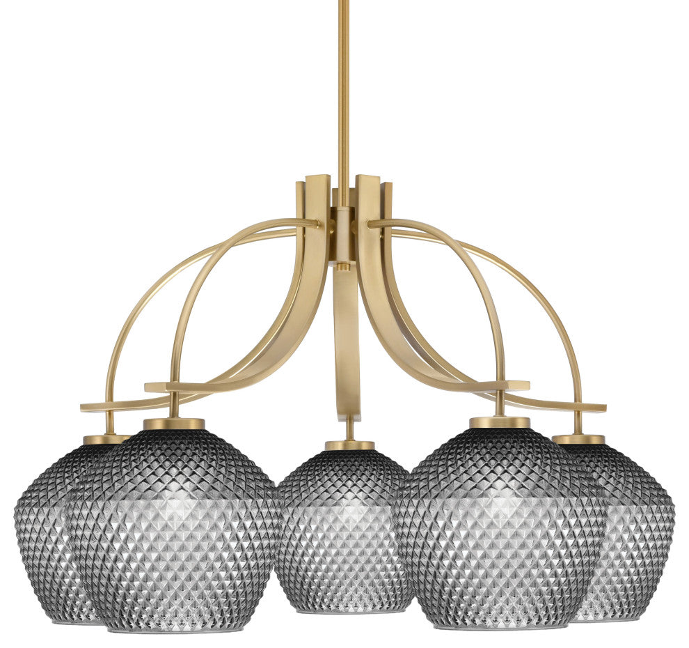 Cavella 5 Light, Chandelier, New Age Brass Finish, 9" Smoke Textured Glass