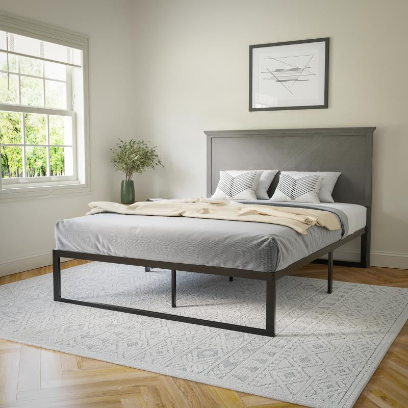 Fiona Herring Bone Wooden Adj. Headboard for Metal Bed Frames,Gray Wash-Queen