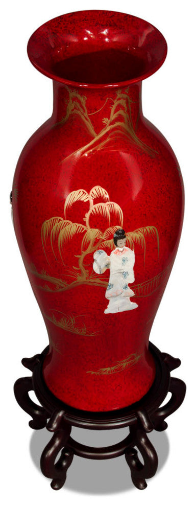 Chinese Porcelain Vase With Mother of Pearl Figures on Black Lacquer, Red
