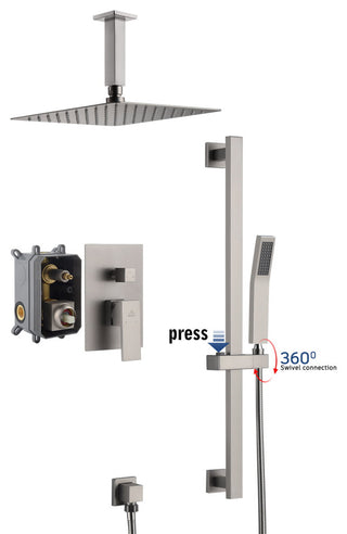 CASAINC 10" Ceiling Mounted Shower System Set w Sliding Handheld Rod, Brushed Nickel