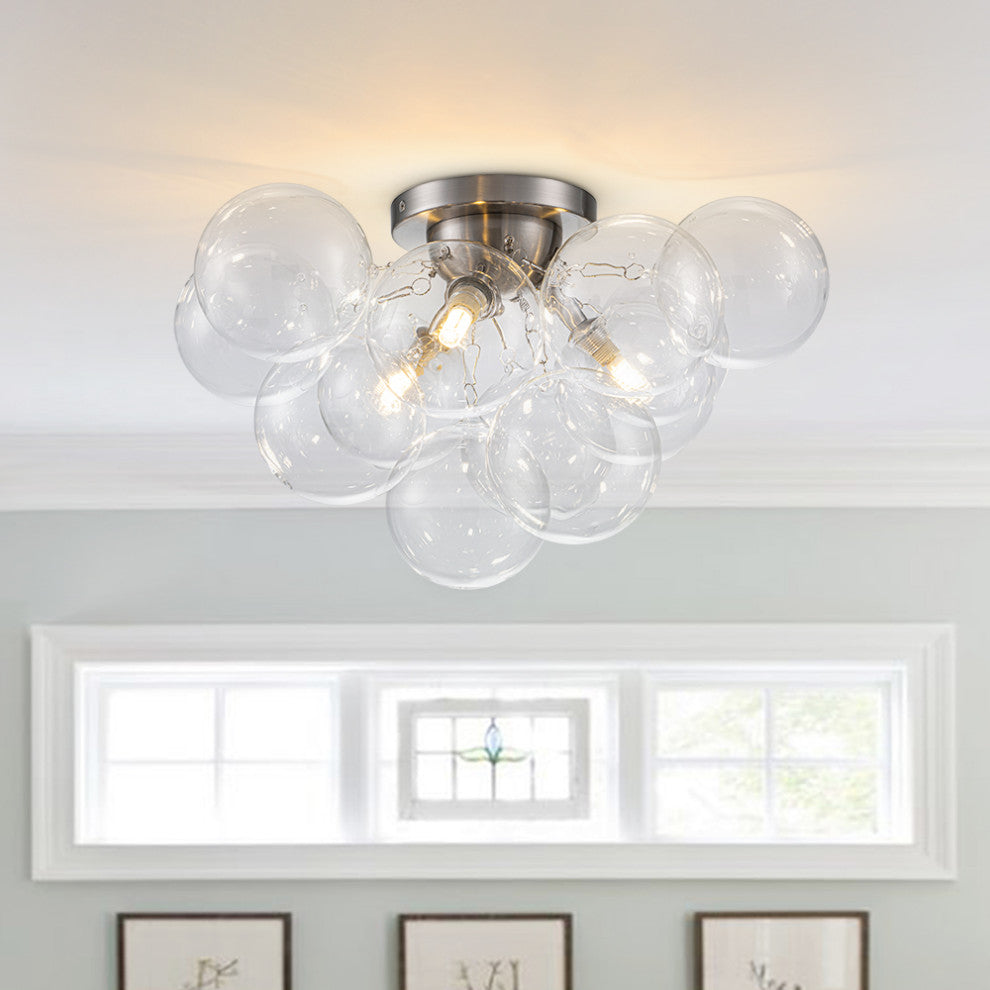 Modern 3-Light Sputnik Design Clear Glass Bubble Semi Flush Mount, Nickel
