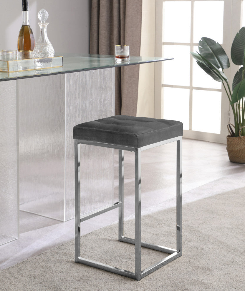 Nicola Counter Stool, Set of 2, Gray, Velvet, Chrome Base