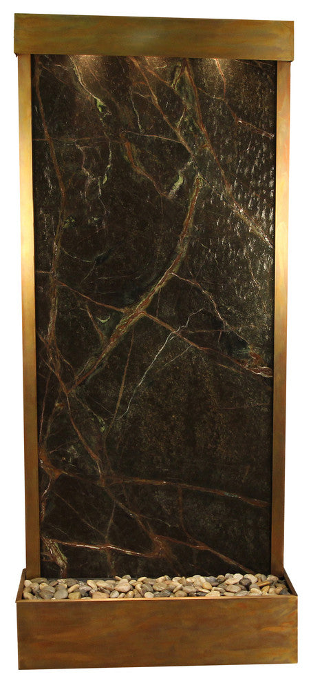 Tranquil River Flush Mount Water Fountain, Green Marble, Rustic Copper