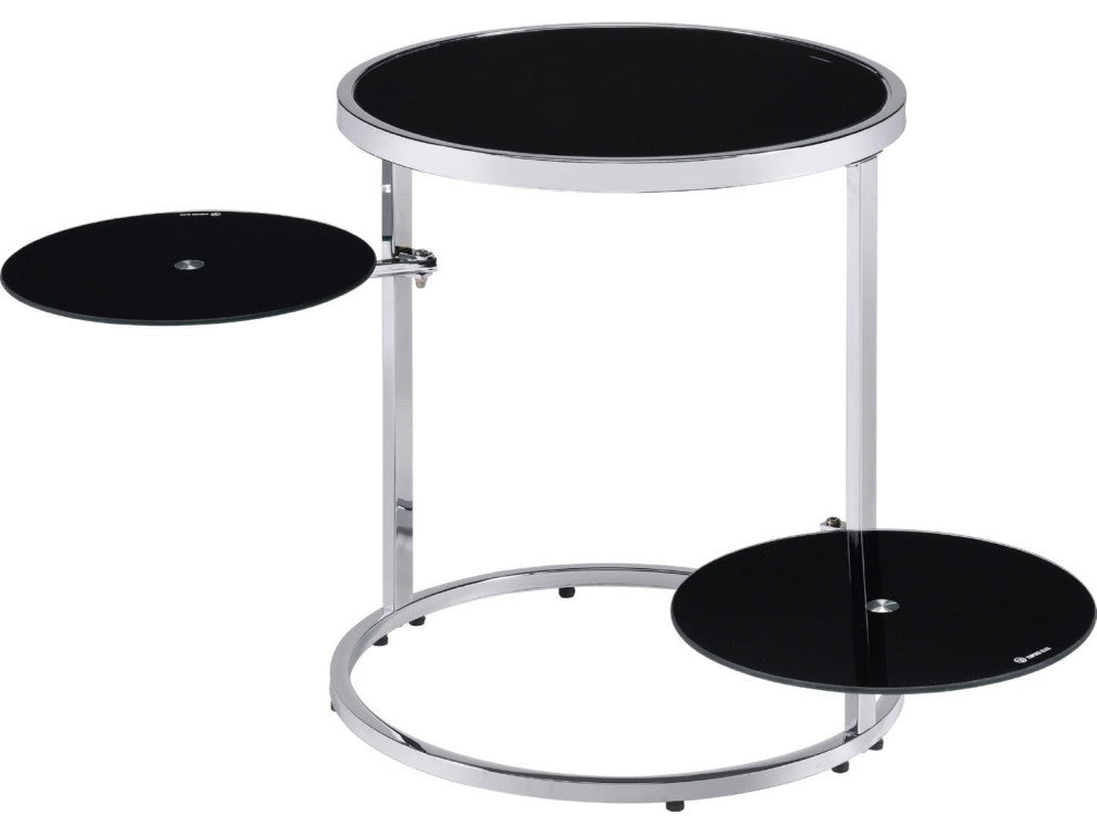 Benzara BM250241 20" Accent Table With 2 Tier Swivel Glass Shelves, Black/Chrome