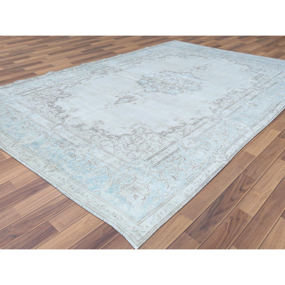 Vintage Persian Kerman Worn Wool Hand Knotted Ivory Oriental Rug  9'1" x 13'4"