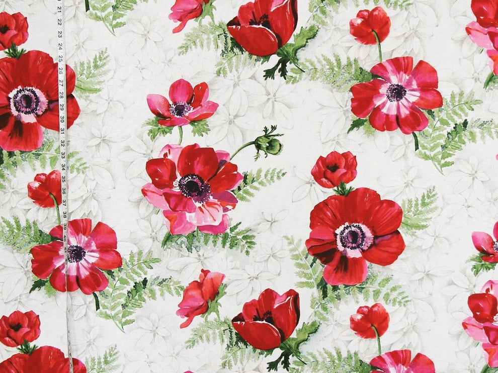 Red Orange Purple Pink Anemone Fabric Floral Watercolor, Standard Cut