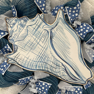 Beach Wreath Blue And White Burlap Coastal Sea Shell Handmade Deco Mesh