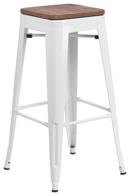 30" High Backless White Metal Barstool With Square Wood Seat