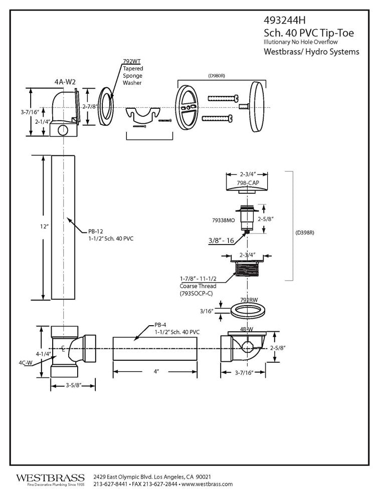 Illusionary Overflow 12" & 4" Sch. 40 PVC Bath Waste and Overflow Tip-Toe, Satin Nickel