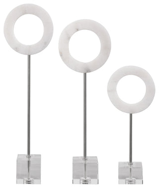 White Marble Ring Sculpture Square Circle Silver Geometric, 3-Piece Set