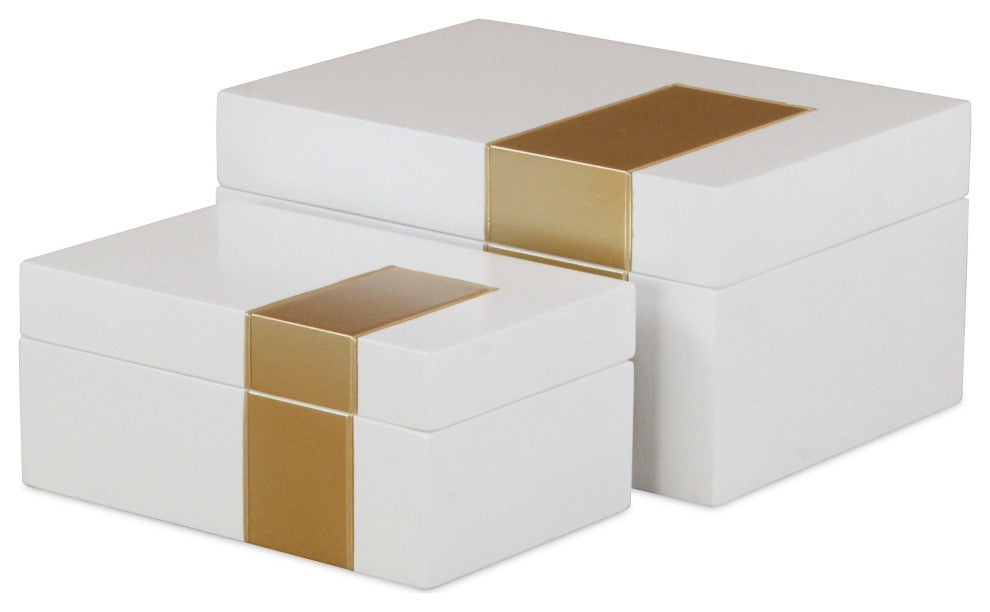 White Wooden Decorative Box With Golden Band Accent, Set of 2