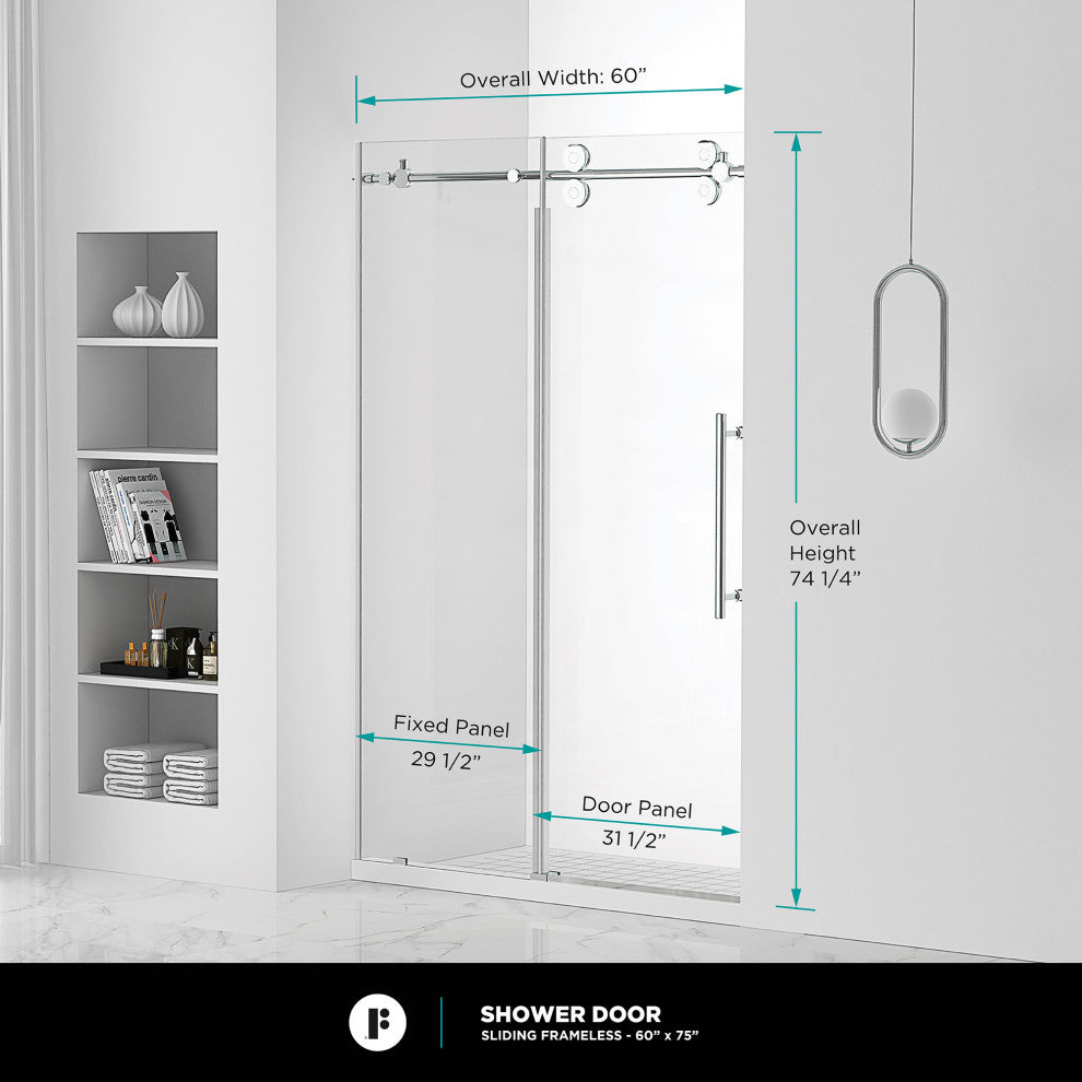 Frameless Clear Sliding Shower Door With Tempered Glass - Shower Bathroom Door, Satin Nickel, 60" X 75", Single Sliding Door