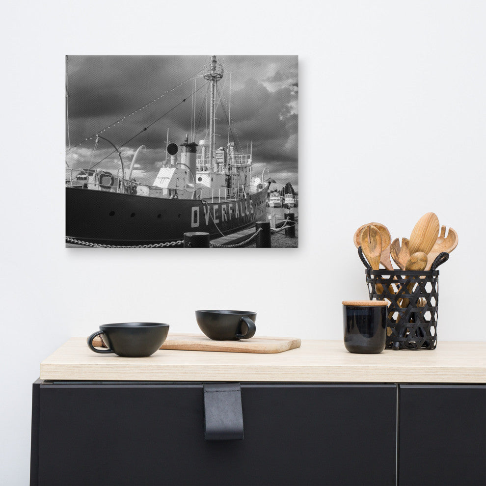 Overfalls Lightship Black & White Photo Canvas Wall Art Print, 16" X 20"