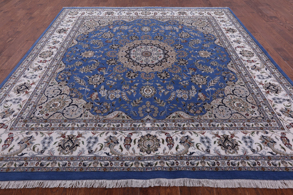 10' Square Persian Nain Wool & Silk Hand Knotted Rug - Q13146