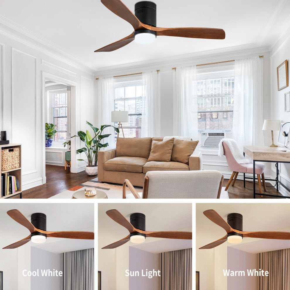 52" Solid Wood Ceiling Fanand Remote Control Reversible Blades, Matte Blck
