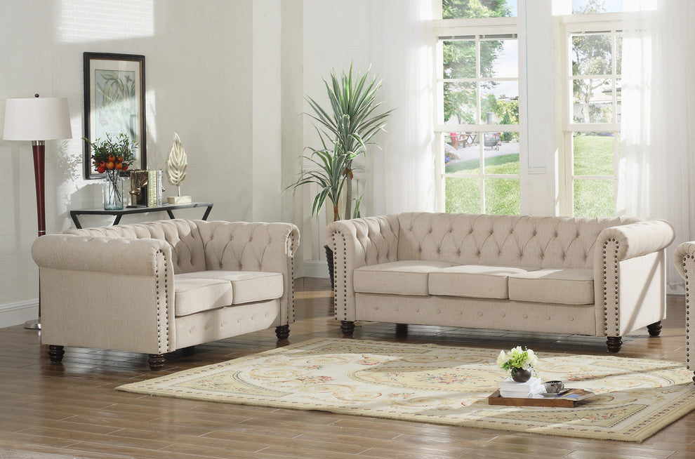 Kimber Linen 2-Piece Sofa and Love Seat Set, Beige