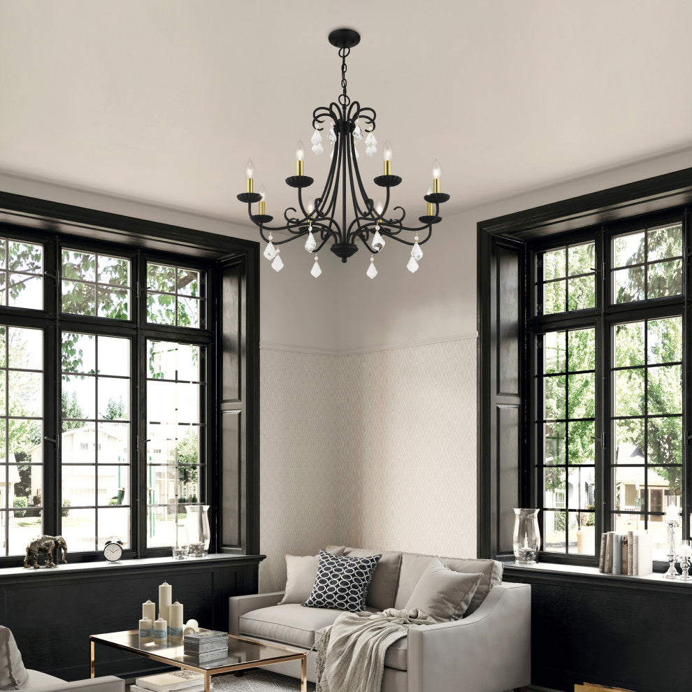 Daphne 8-Light Black Large Chandelier, Antique Brass Accents and Clear Crystals