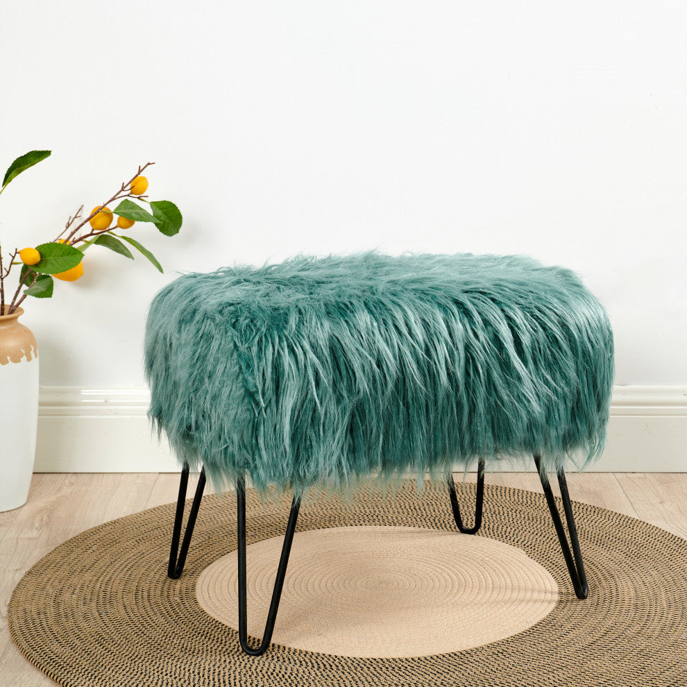 Mongolian Fur Ottoman, Oil Blue, 19''x13''x17''
