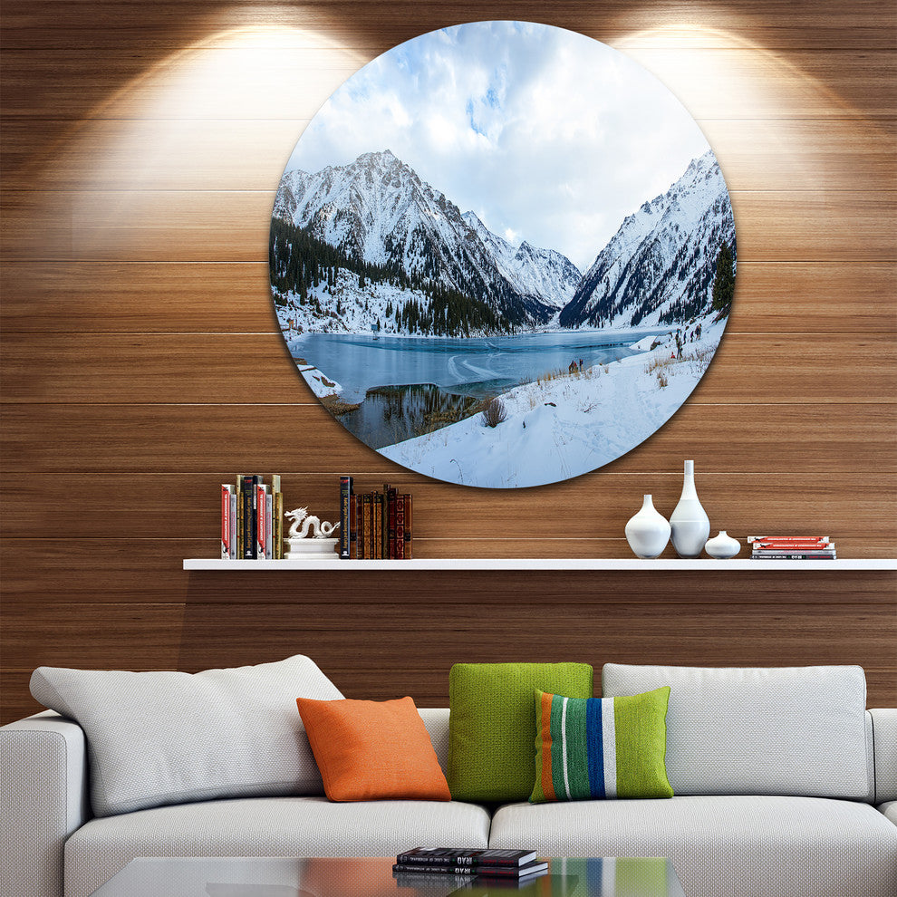 Lake Between Foggy Mountains, Landscape Photo Round Metal Wall Art, 23"
