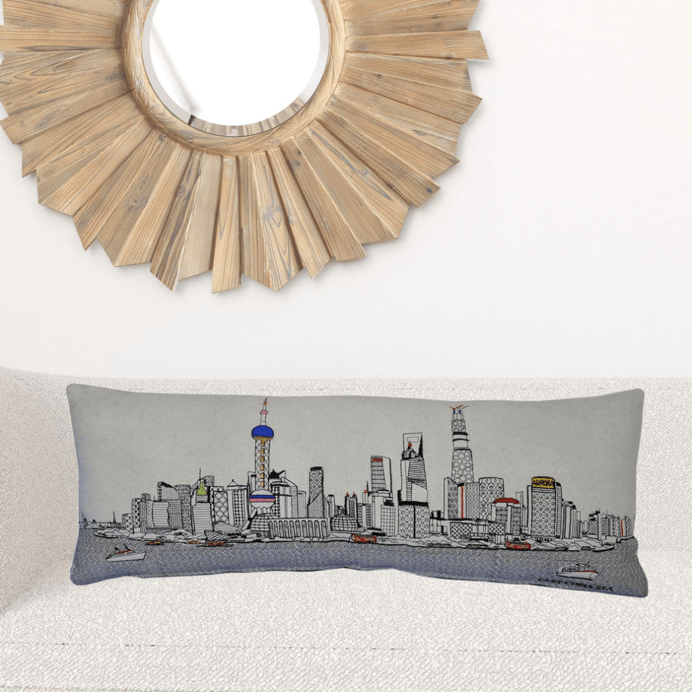 35" White Shanghai Daylight Skyline Lumbar Decorative Pillow