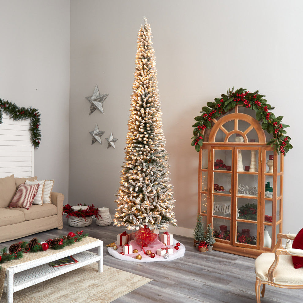 12' Flocked Pencil Artificial Christmas Tree 1000 Clear Lights & 1819 Branches