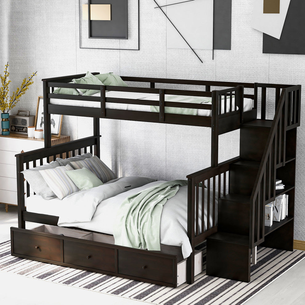 Gewnee Twin-Over-Full Bunk Bed with Drawers and Stairway in Espresso