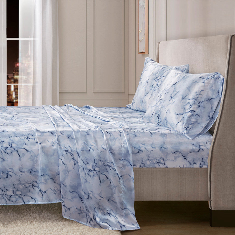 Madison Park Essentials Printed Satin Sheet Set, Queen Blue Marble