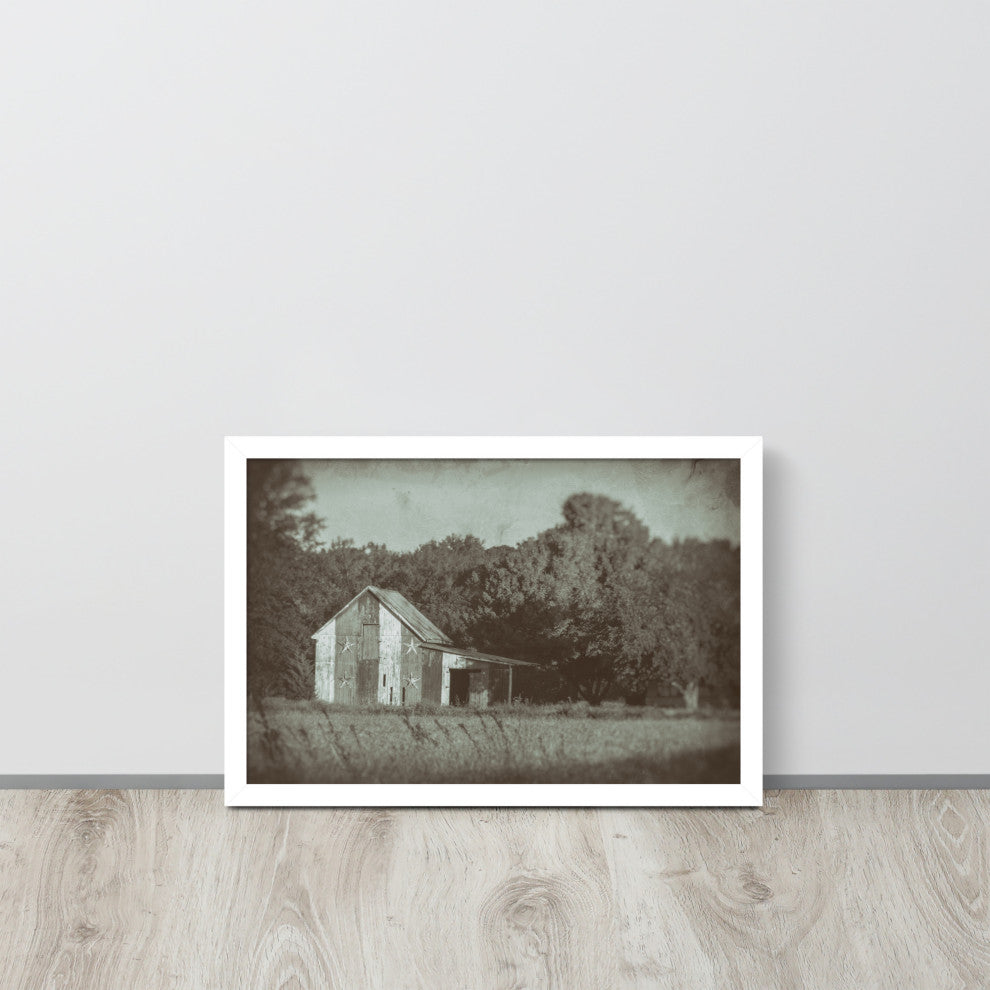 Patriotic Barn in Field Vintage Black and White Framed Photo Wall Art Print, White, 12" X 18"