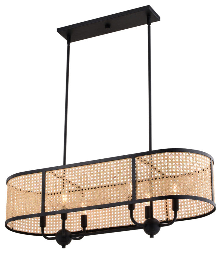 Berens Matte Black Farmhouse Chandelier Island Pendant Light Fixture Rattan Cane