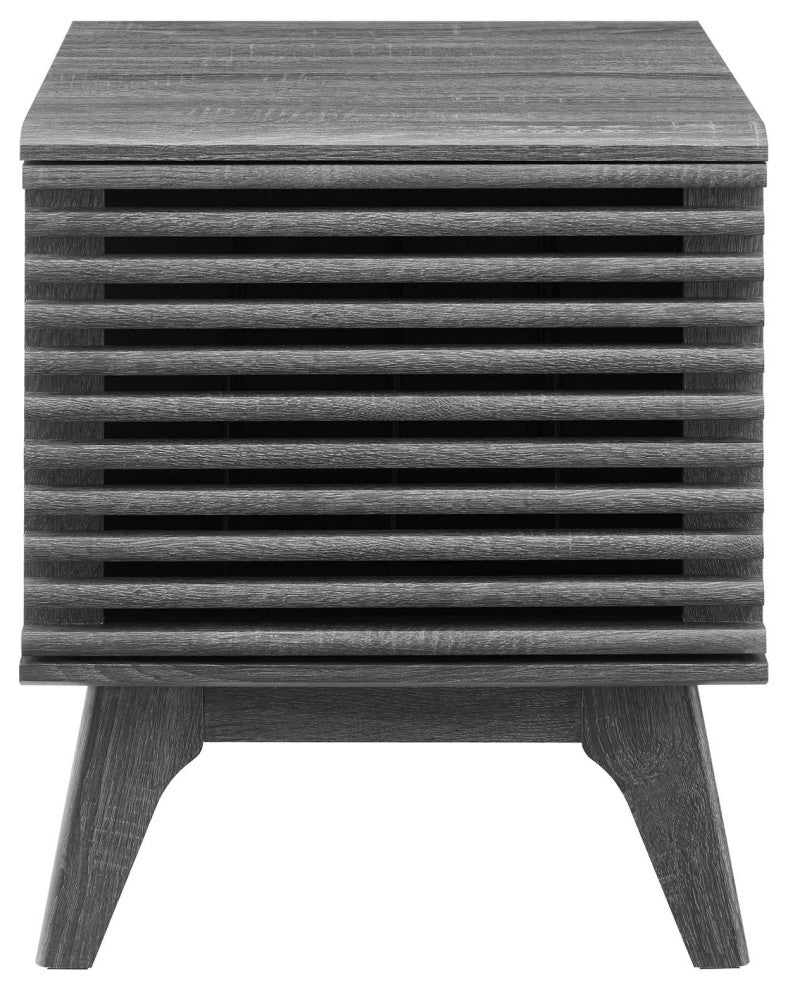 Vinyl Record Side Table Cabinet Stand, Charcoal Gray, Wood, Mid Century