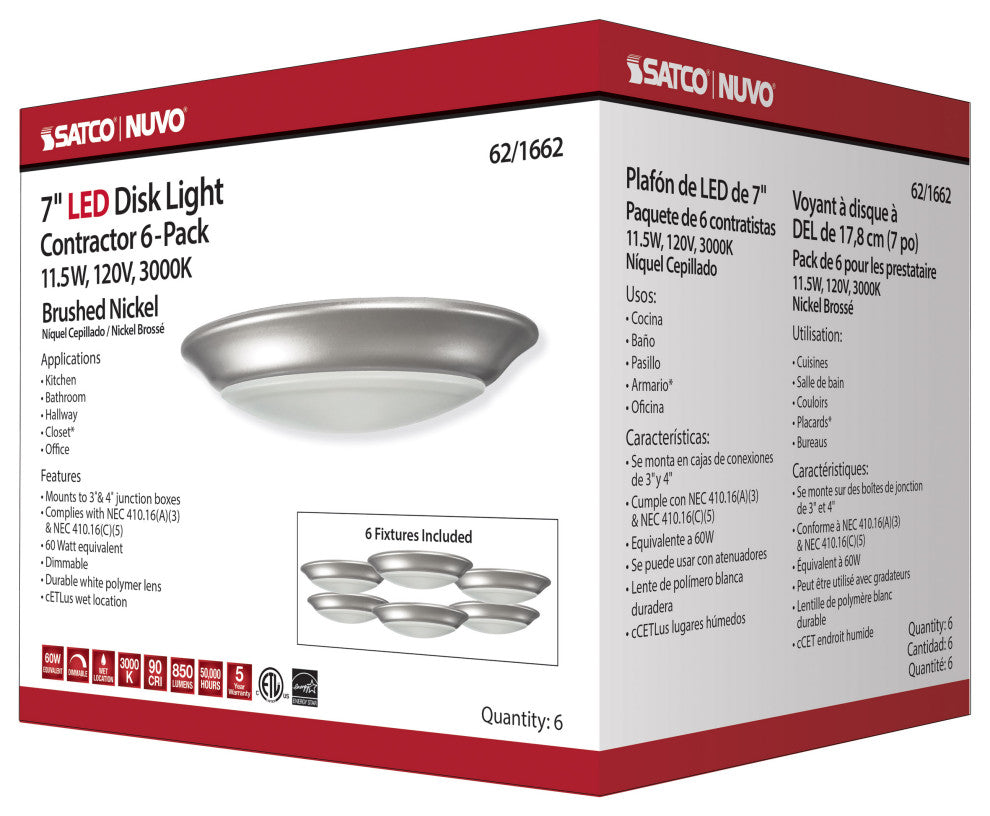 7 inch - LED Disk Light - 3000K - 6 Unit Contractor Pack - Brushed Nickel Finish