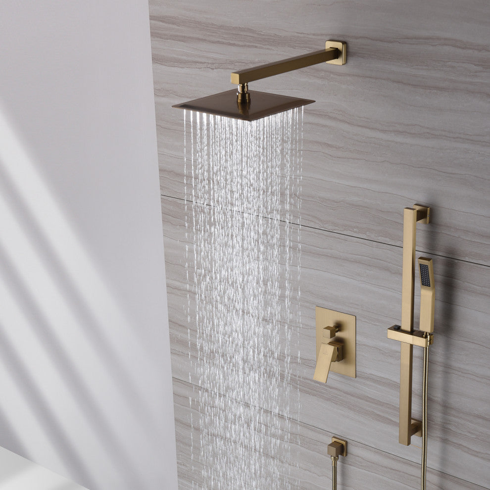 CASAINC 10" Luxury Wall Mounted Shower System Set w Sliding Handheld Rod, Brushed Gold