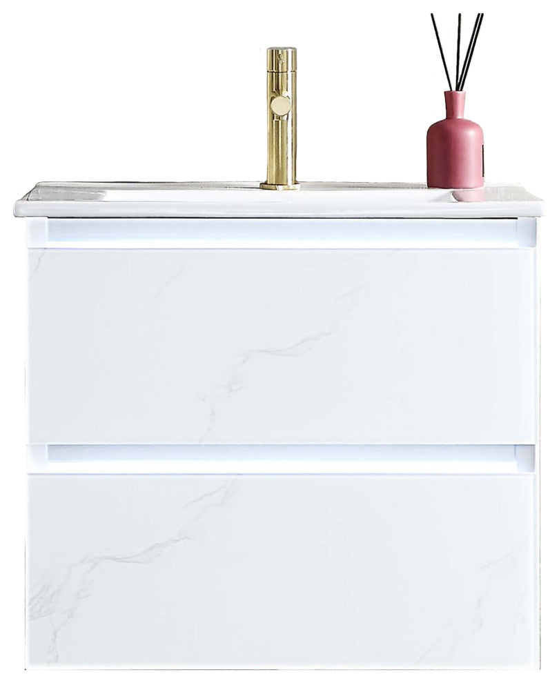 LED Lighted Bathroom Vanity With Ceramic Sink and Dimmed Light, Calacatta White, 24"