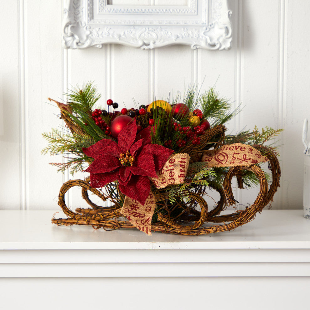 18" Christmas Sleigh With Poinsettia, Berries, Pinecone Arrangement
