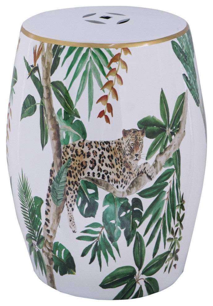 18 Inch Ceramic Accent Table, Drum Shape, Tropical Print, White, Green