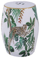 18 Inch Ceramic Accent Table, Drum Shape, Tropical Print, White, Green