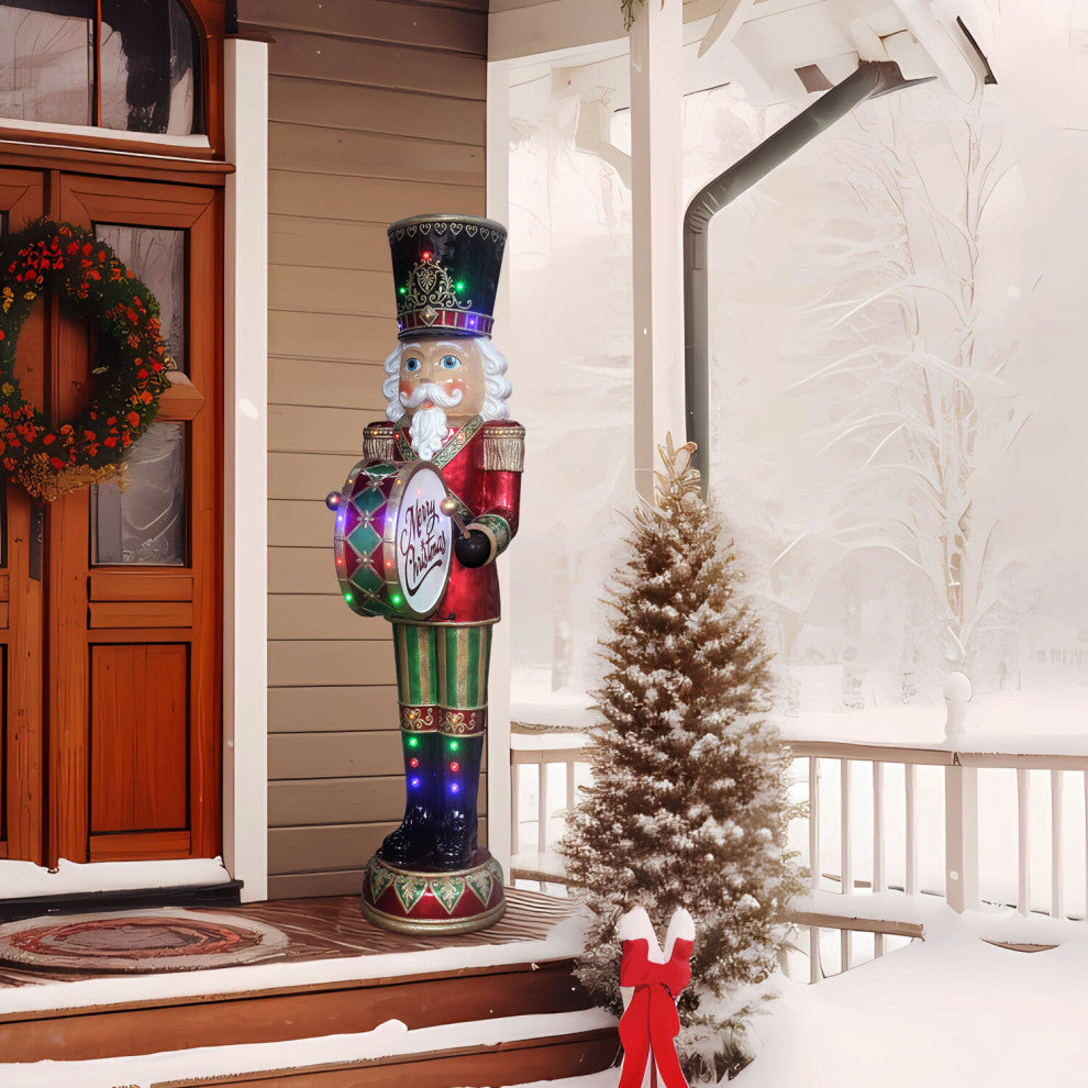 6' Nutcracker Playing Bass Drum With Moving Hands, Music, Timer, 32 LED Lights