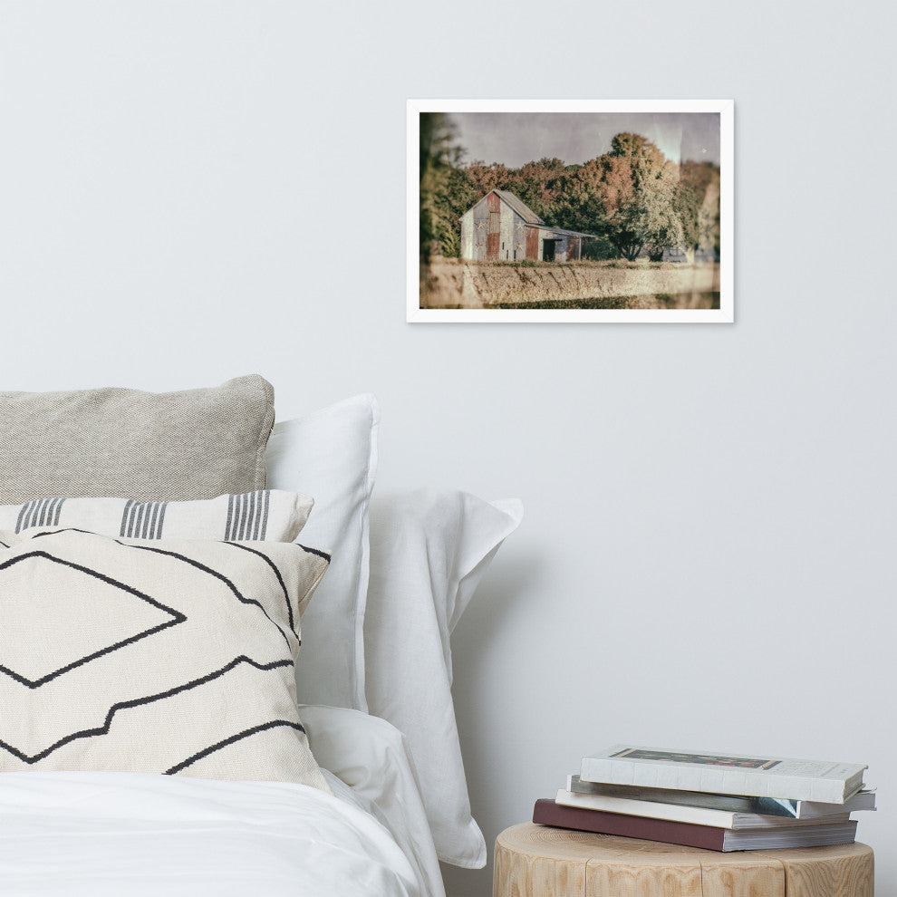 Patriotic Weathered Barn in Field Glass Plate Framed Photo Paper Wall Art Prints, White, 12" X 18"