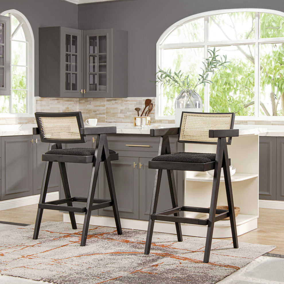 Milan 29.5" Mid-Century Modern Resin Webbing Set of 3 Bar Stool, Ebony Black