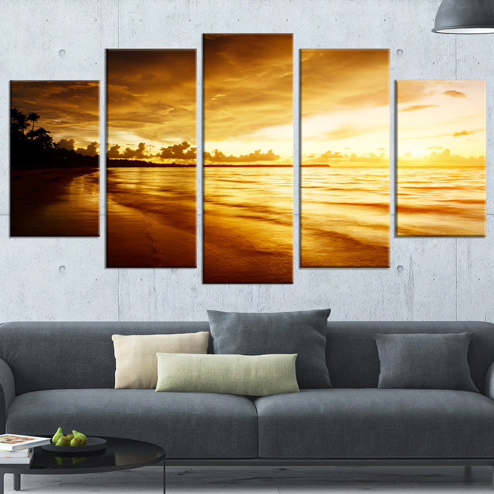 "Fascinating Caribbean Beach in Yellow" Seashore Wall Art, 5 Panels, 60"x32"