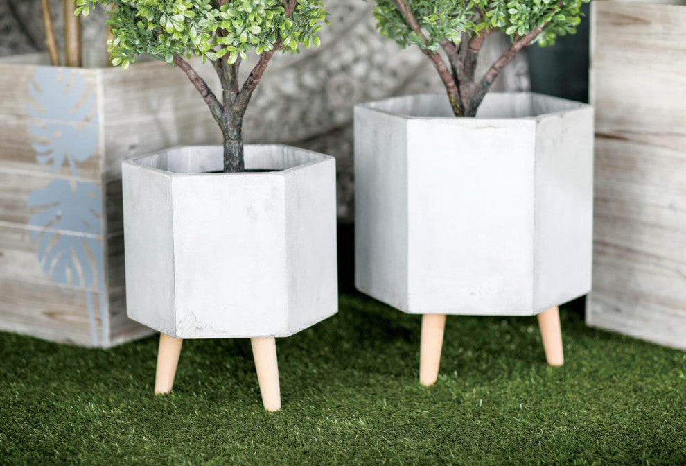 Set of 2 Grey Polystone Contemporary Planter, 15", 17"
