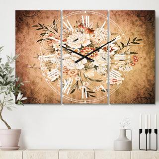 White and Yellow Floral Pattern Traditional 3 Panels Metal Clock