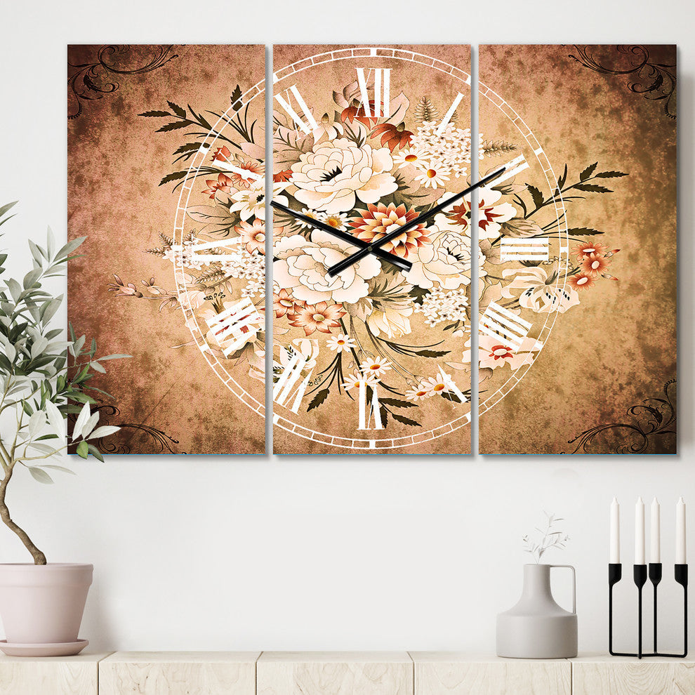 White and Yellow Floral Pattern Traditional 3 Panels Metal Clock