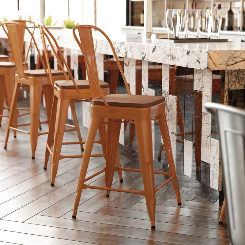 Kai Commercial Grade 24" Metal Indoor-Outdoor Counter Stool w/Removable Seat, Orange/Teak