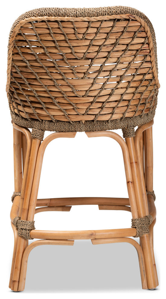 Kyle Modern Bohemian Natural Brown Woven Rattan Counter Stool with Cushion