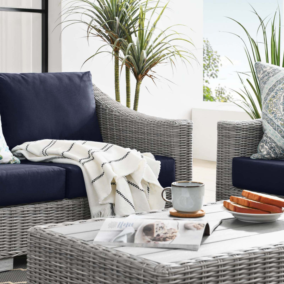 Lounge Sectional Sofa Chair Set, Rattan, Wicker, Gray Blue Navy, Outdoor