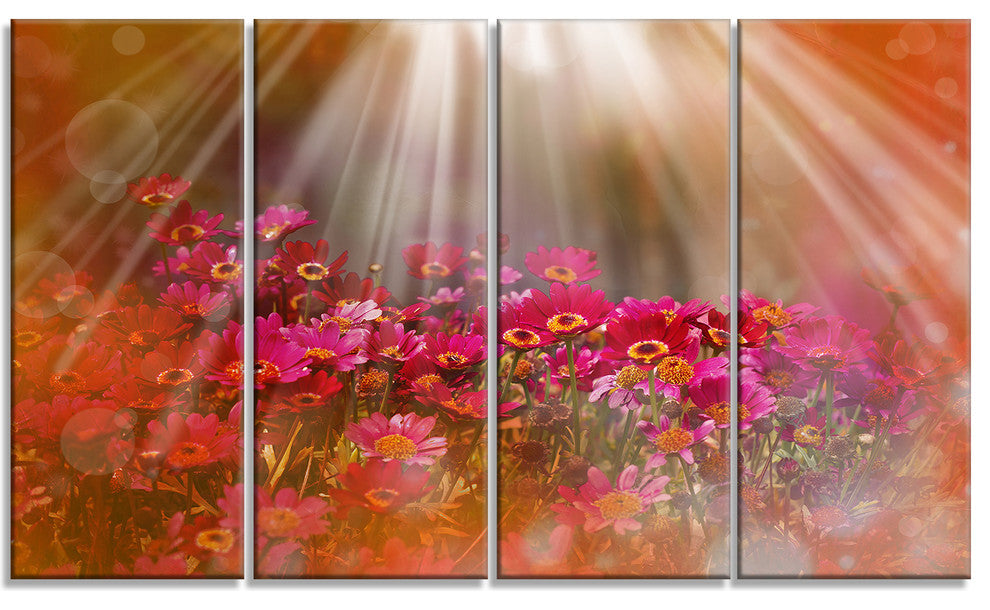 Sunlight over Garden with Flowers, Floral Canvas Artwork, 48"x28", 4 Panels