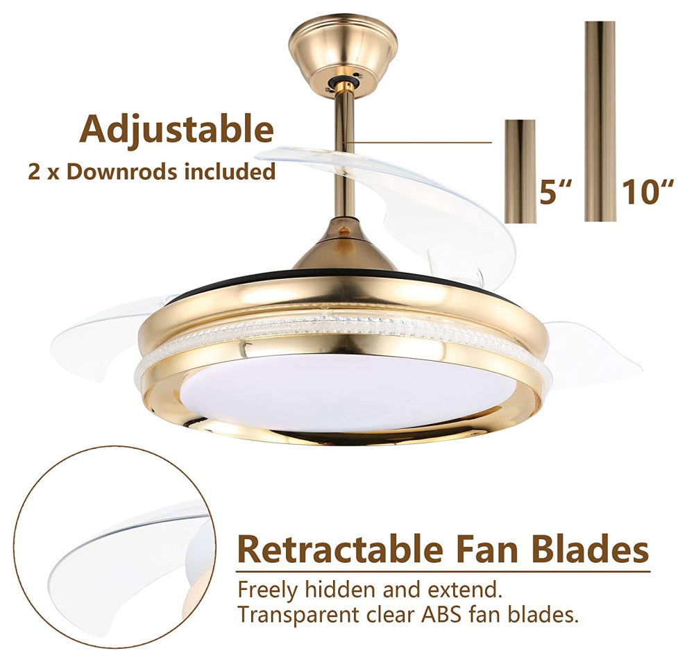 42" Modern Retractable Crystal Ceiling Fan with Remote Control and LED Light, French Gold