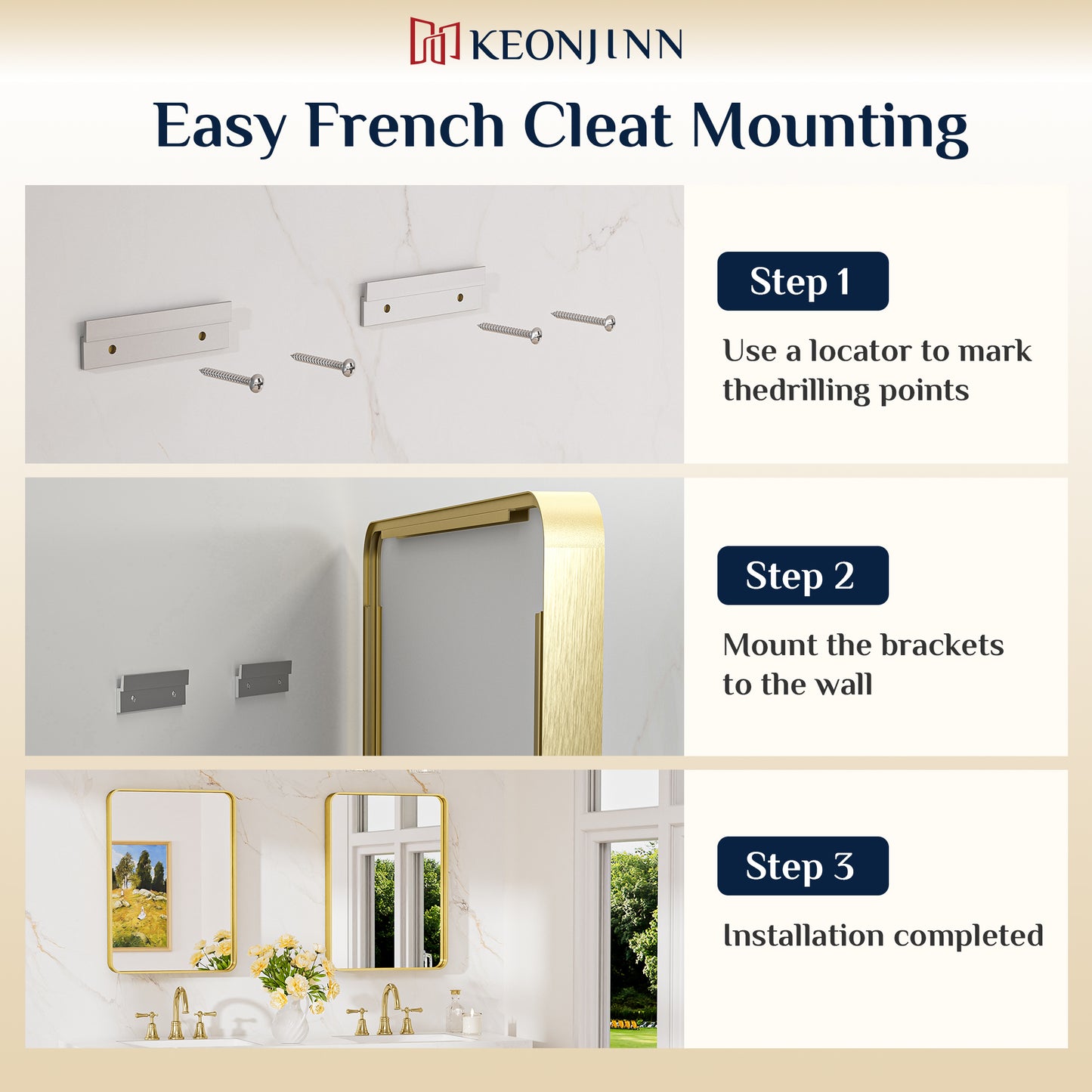 Metal Frame Decorative Rectangular Wall Mount Mirror, Gold, 48"x30"